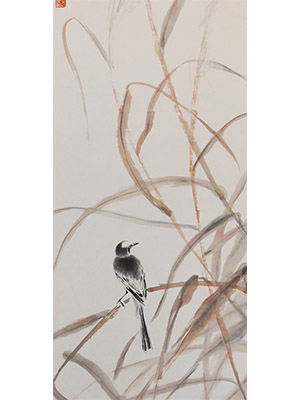 苏卧农 《鹡鸰芦苇图》