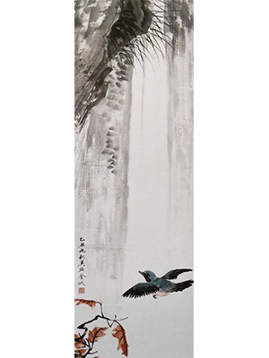 金城 《秋瀑飞禽》