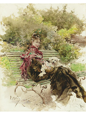 乔瓦尼波蒂尼 《长椅上休息的遛狗妇人》