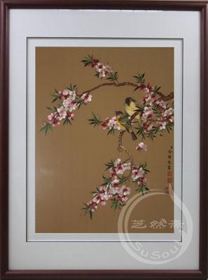 桃花双栖 余穉花鸟 顾绣精品