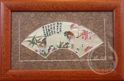 双雀和鸣 扇形苏绣花鸟小摆件
